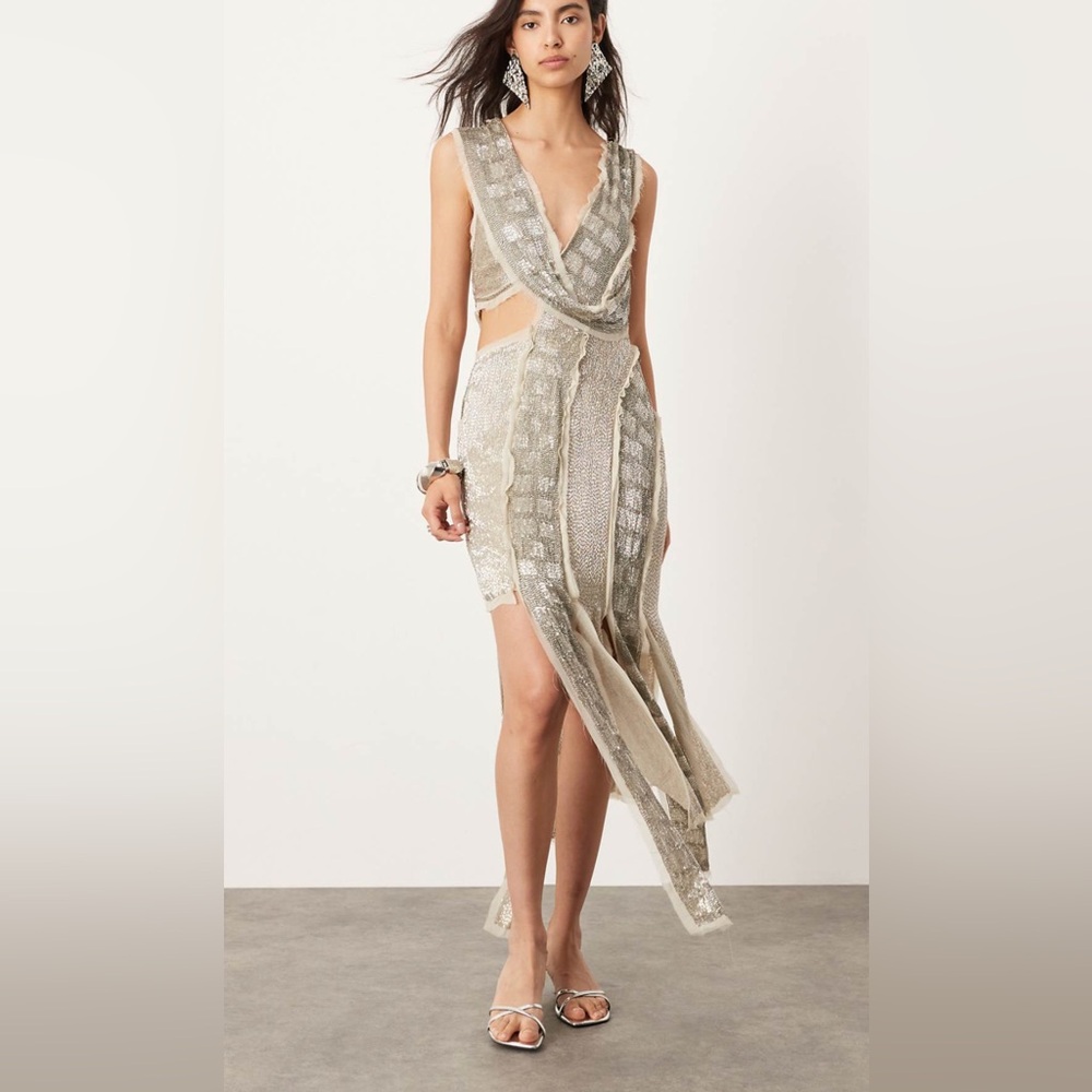 ASOS EDITION embellished spliced raw edge asymmetric midi dress in silver
